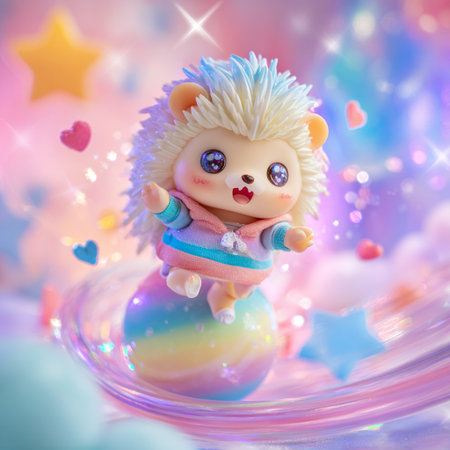 Cute hedgehog on a background of a rainbow and stars.の素材