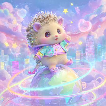 Cute hedgehog in a costume of a fairy on the planet.の素材