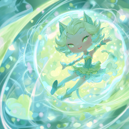 Illustration of a cute green fairy flying on the background of the planetの素材