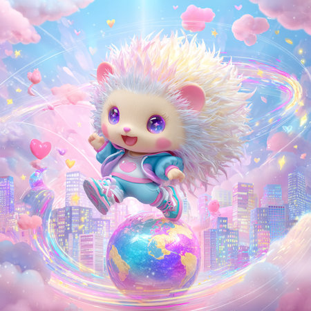 Cute hedgehog on the planet in the clouds. 3D illustrations.の素材