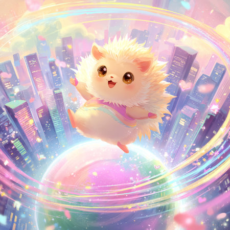 A cute little hedgehog is flying on the planet. Vector illustration.の素材
