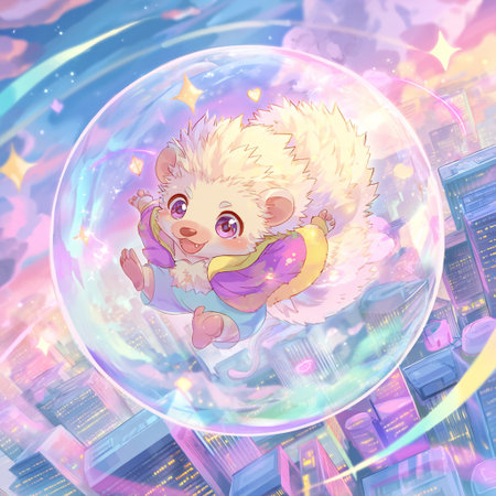 Cute hedgehog on the background of the night city. Vector illustration.の素材