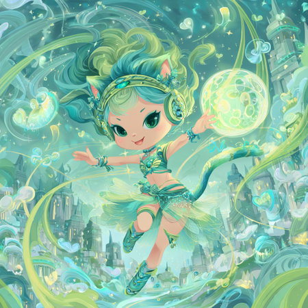 Fairy tale girl in green dress with magic wand. Fairy tale background. Vector illustration.の素材