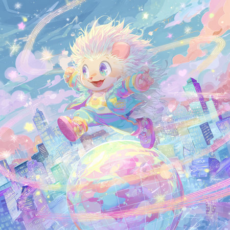 Cute little hedgehog on a background of the night city.の素材