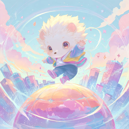 Cute cartoon hedgehog on the background of the planet. Vector illustration.の素材