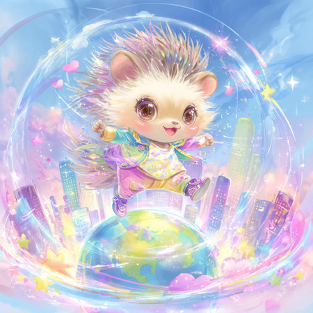 Cute hedgehog on the background of the planet and the cityの素材