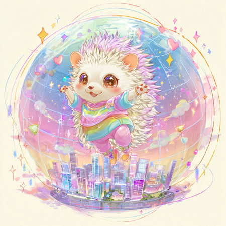 Cute hedgehog with city on the background of the planet.の素材