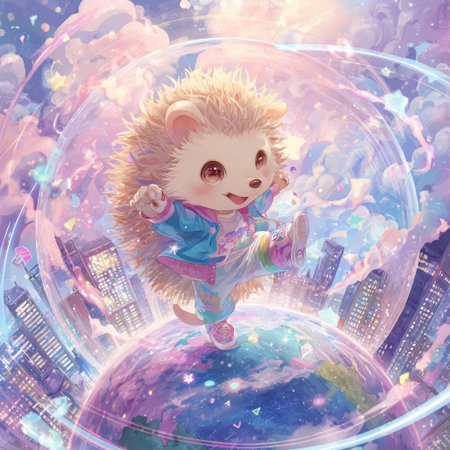 Cute hedgehog flying around the planet in outer space, illustrationの素材