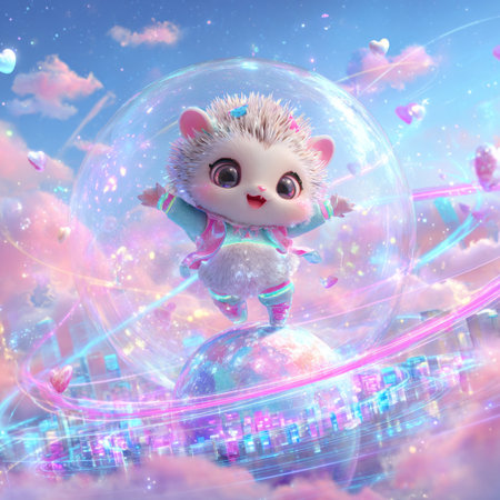 Cute little hedgehog with a magic wand in the sky.の素材