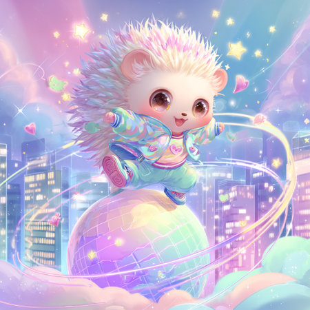 Cute little hedgehog on a planet in the night city.の素材