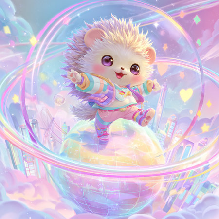 Little hedgehog on a globe in the sky. Illustration.の素材