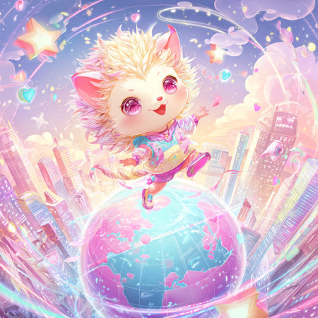 Cute cartoon alien girl flying around the planet. Vector illustration.の素材