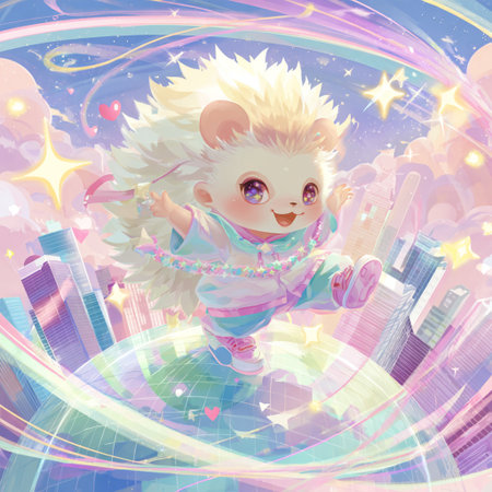 Cute cartoon hedgehog on the background of the night city.の素材