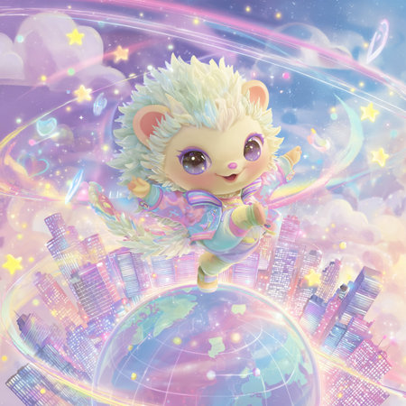 Cute little hedgehog with a planet on the background of the night cityの素材