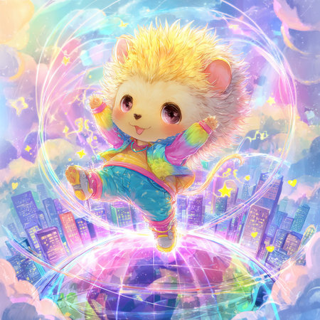 Cute little kawaii cat with a rainbow tail in a colorful cartoon style.の素材