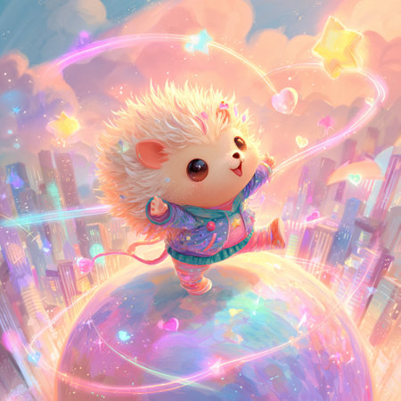 Cute little hedgehog in the city. Conceptual illustration.の素材