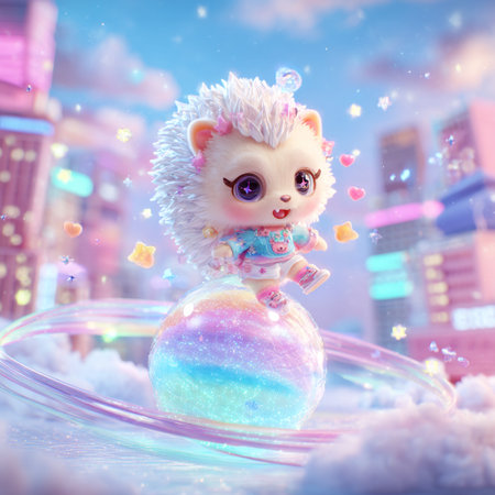 Cute baby hedgehog on a snow globe in the city.の素材
