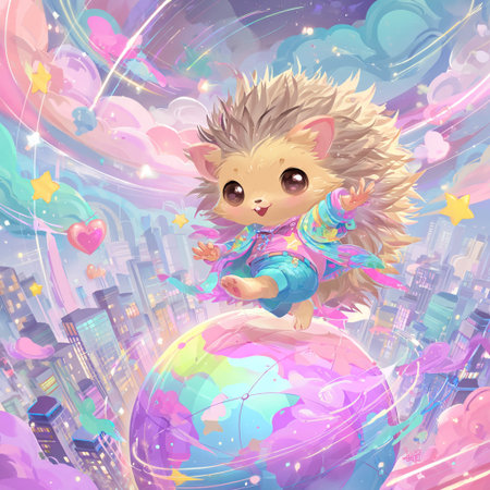 Cute little hedgehog on the globe in the city. Vector illustration.の素材