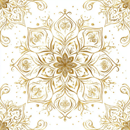 Seamless vintage pattern on a white background with golden elements.の素材
