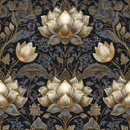 Seamless pattern with gold lotus flowers on black background. Vector illustration.の素材