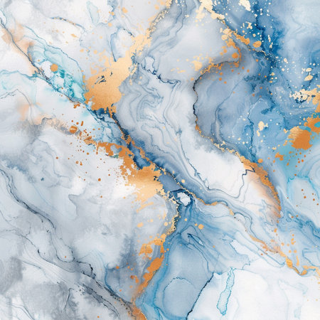 Blue, gold and white abstract watercolor background. Hand drawn illustration.の素材