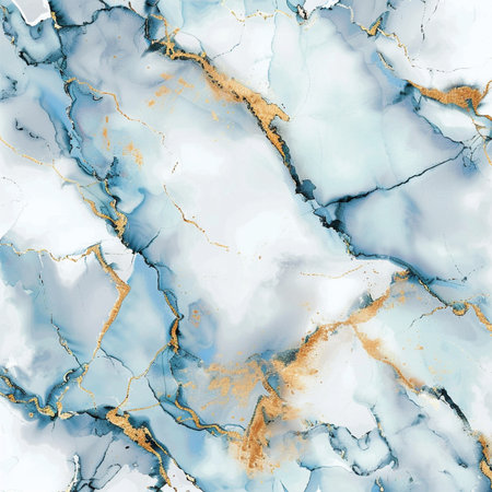 Marble seamless pattern. Hand drawn watercolor background with gold and blue marble texture.の素材