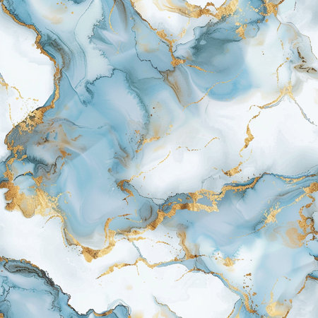 Marble seamless pattern with gold and blue alcohol ink stains. Watercolor hand drawn background.の素材