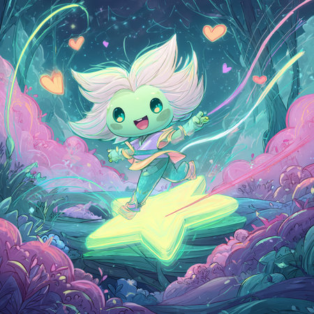 Cute cartoon girl flying in the night forest. Vector illustration.の素材