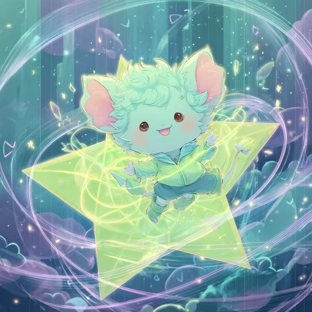 Vector illustration of a cute cartoon green fairy with magic wand and starsの素材