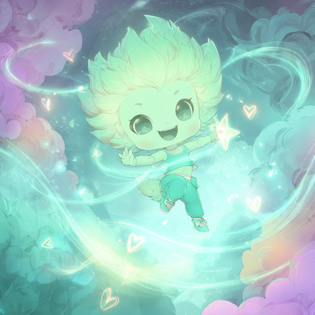 Cute little lion on a dreamy background with hearts and starsの素材