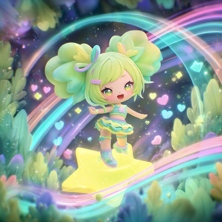 Cute cartoon girl in a fairy forest with rainbow and hearts.の素材