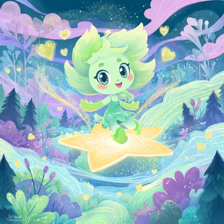 Cute cartoon green fairy flying on the star in the forest.の素材