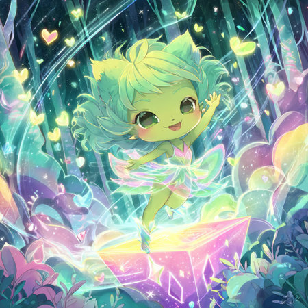 Illustration of a cute little fairy with a magic box in the forestの素材