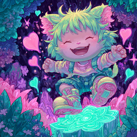 Cute cartoon elf in the forest with hearts. Vector illustration.の素材