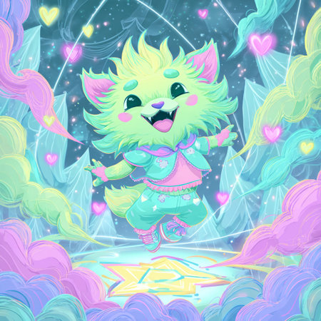 Cute cartoon cat on the background of magic clouds and stars.の素材