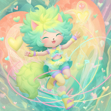 Cute cartoon green fairy with wings and hearts. Vector illustration.の素材
