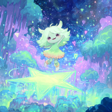 Cartoon fairy flying on a star in the starry sky.の素材