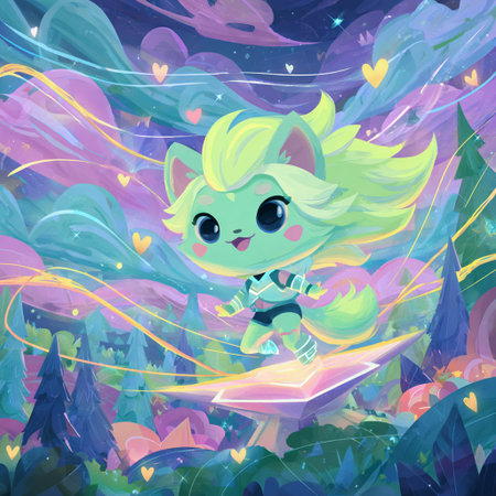 Cute cartoon cat in the forest. Cute kawaii character.の素材