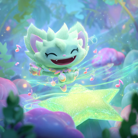 Illustration of a cute kawaii monster on a fantasy backgroundの素材