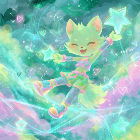 Cute fox in a bright dress with a magic wand and stars on a background of cosmic clouds.の素材