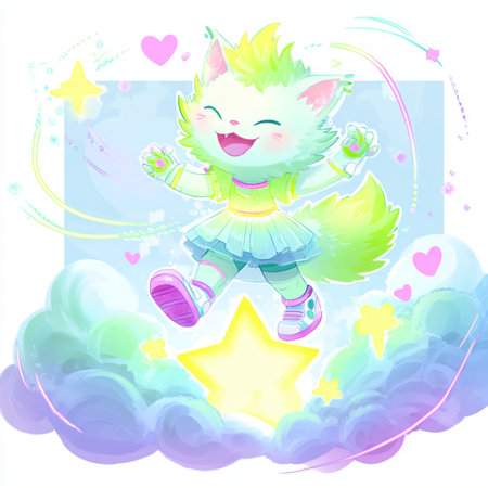 Illustration of a Cute Cartoon Cat Jumping on a Cloud with Starsの素材