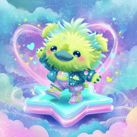 Cute monster sitting on the top of a star in the cloudsの素材