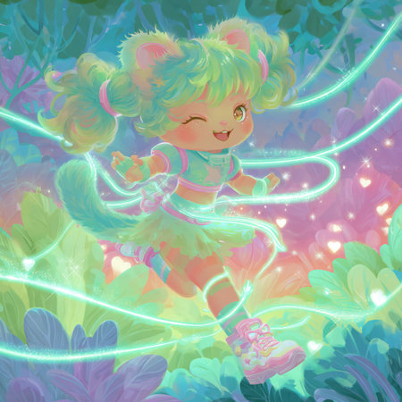 cartoon girl in the forest with magic light effect. illustration for childrenの素材