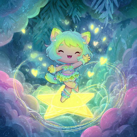 Cute little fairy with magic wand sitting on a star. Vector illustration.の素材