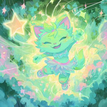 Cute cartoon cat with a magic wand on a colorful background.の素材