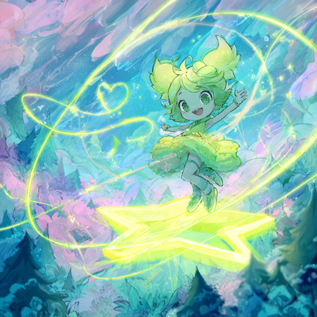 Watercolor illustration of a cute little green fairy flying in the skyの素材