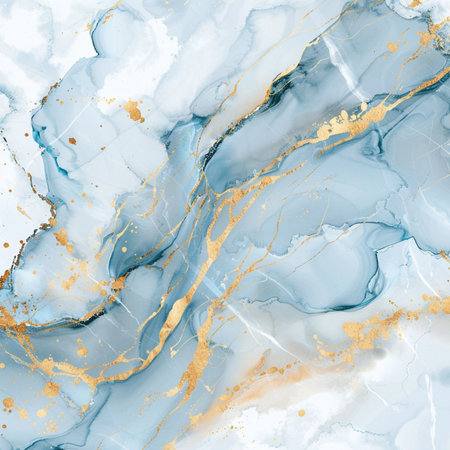 Blue and gold marble texture with golden veins. Watercolor hand drawn background for your designの素材