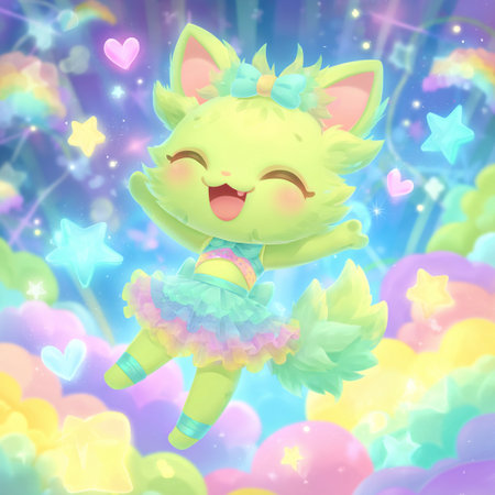 Cute cartoon cat on a rainbow background with hearts and stars.の素材