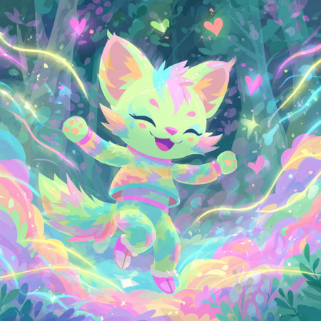 Cute cartoon fox on the background of the forest. Vector illustration.の素材