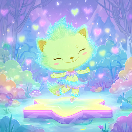 Cute cartoon cat dancing in the forest. Illustration for childrenの素材